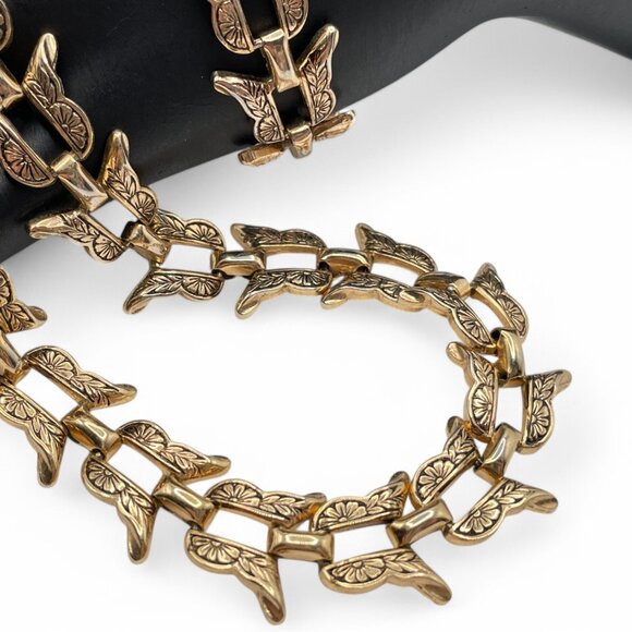 Vintage MARINO Floral Butterfly Link Necklace and Bracelet Set Gold Tone Floral - Picture 6 of 9